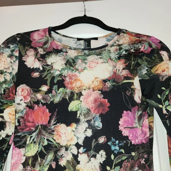Forever 21 Black Floral Bodycon Fit Dress Size S Long Sleeve Stretch Slinky Feel - Picture 4 of 9